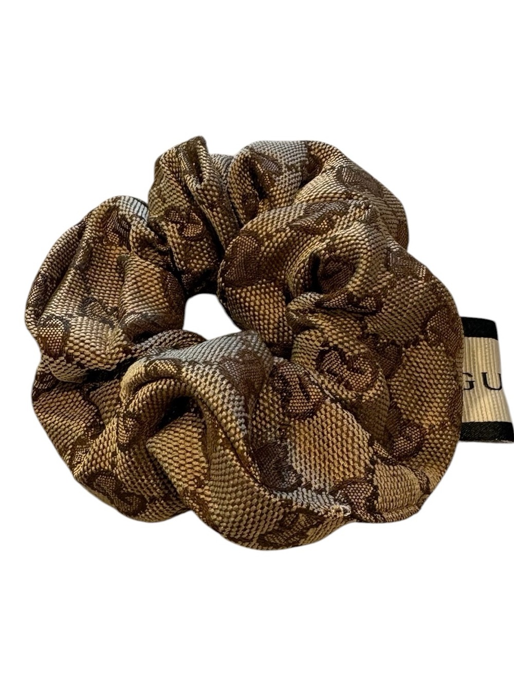 Designer Inspired - Brown GG Monogram Satin Hair Scrunchie, Hair Tie